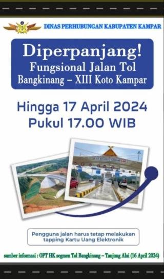 Tol Bangkinang-XIII Koto Kampar Diperpanjang Fungsionalnya