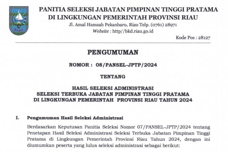 Berikut Daftar Lengkap Peserta Asesmen Eselon II Pemprov Riau dan Formasi Jabatannya