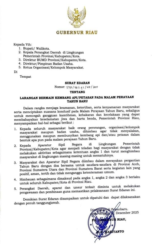 Malam Tahun Baru 2026 Tanpa Kembang Api, Ini Imbauan Pemprov Riau