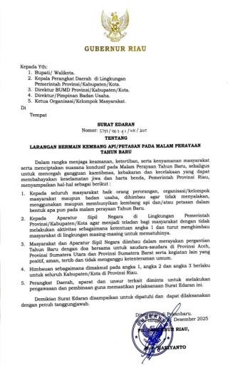 Malam Tahun Baru 2026 Tanpa Kembang Api, Ini Imbauan Pemprov Riau